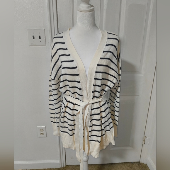 Talbots Sweaters - Talbots Cream and Black Striped Tie-Front Cardigan